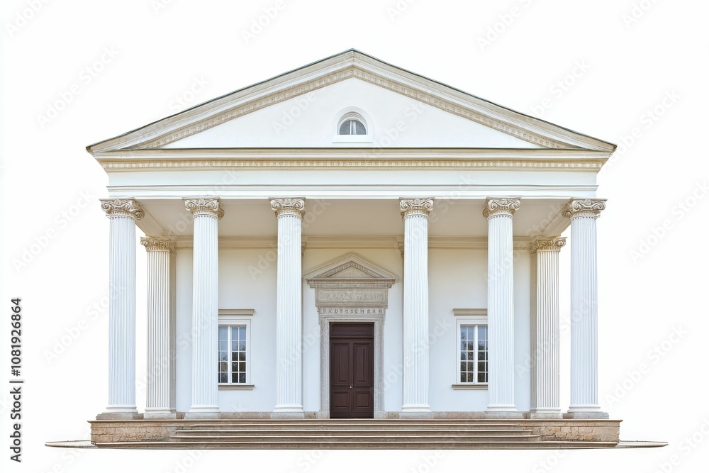White building with columns, door, and windows. White building with columns, door, and windows.