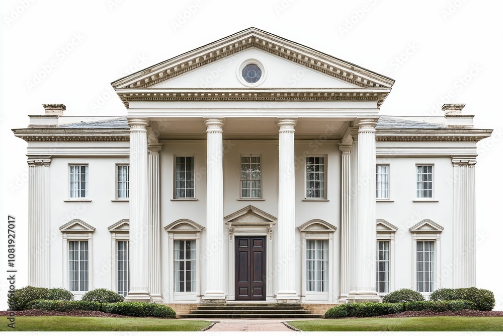 Fototapeta premium White mansion with columns and manicured lawn.
