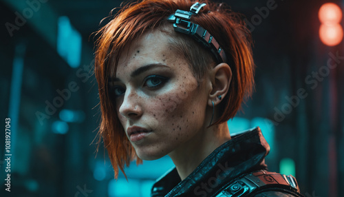 woman with freckles and cyberpunk haircut posing. cyberpunk atmosphere 