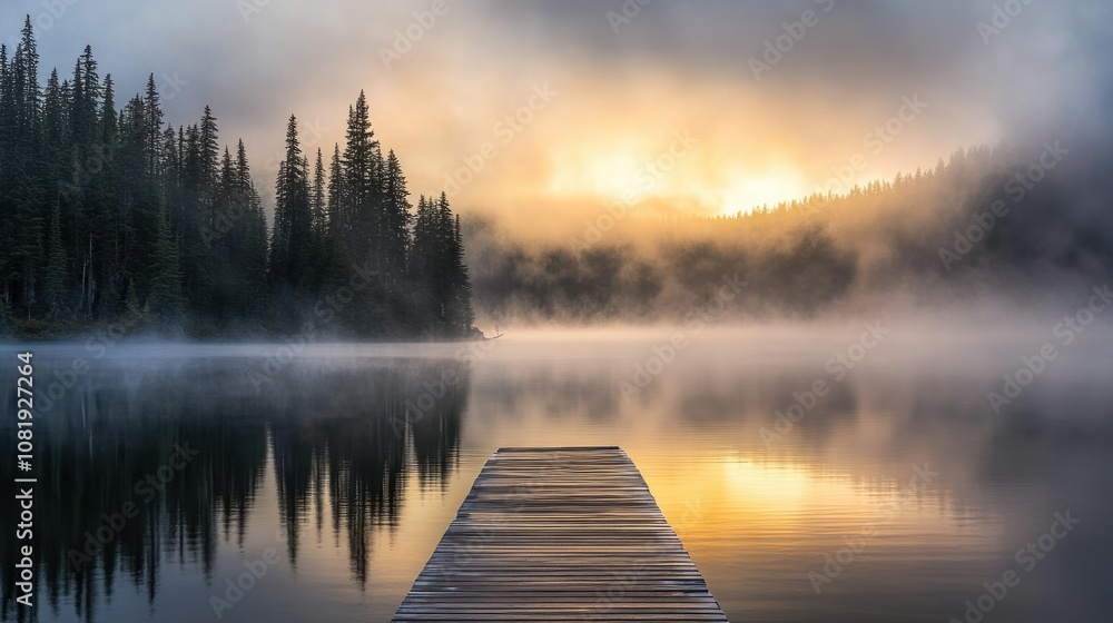 Wooden Dock Extending into a Misty Lake at Sunrise Wooden Dock Extending into a Misty Lake at Sunrise