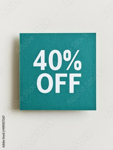 White '40% OFF' Text on a Emerald Square Paper Note. White Background 