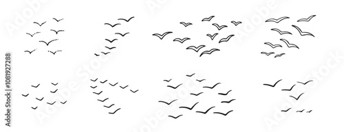 Birds flying line in the sky set. Ink grunge flock of birds afar brush hand drawn. markers and crayons