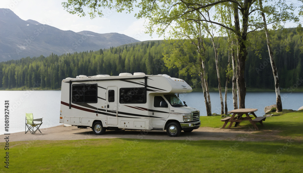 rv lifestyle. RV parked near a lake rv lifestyle. RV parked near a lake