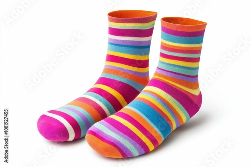 Two colorful striped socks on white background.