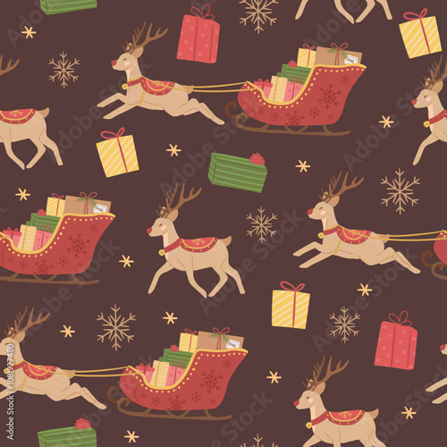 Christmas seamless pattern of reindeer sleigh with gifts vector illustration