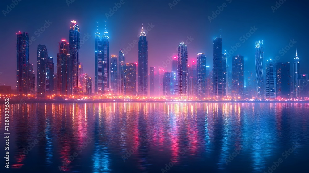 Fototapeta premium Dright neon reflections adding energy to vibrant city skyline at night picture