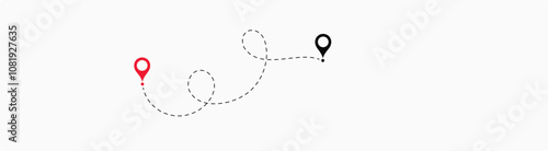 Airplane or aeroplane routes path. Aircraft tracking plane path, travel, map pins, location pins.