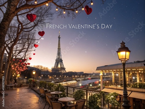 Romantic Night Photography for French Valentine's Day Card Featuring Parisian Cityscape with Soft Lighting, Heart-shaped Decorations, and Intimate Atmosphere photo