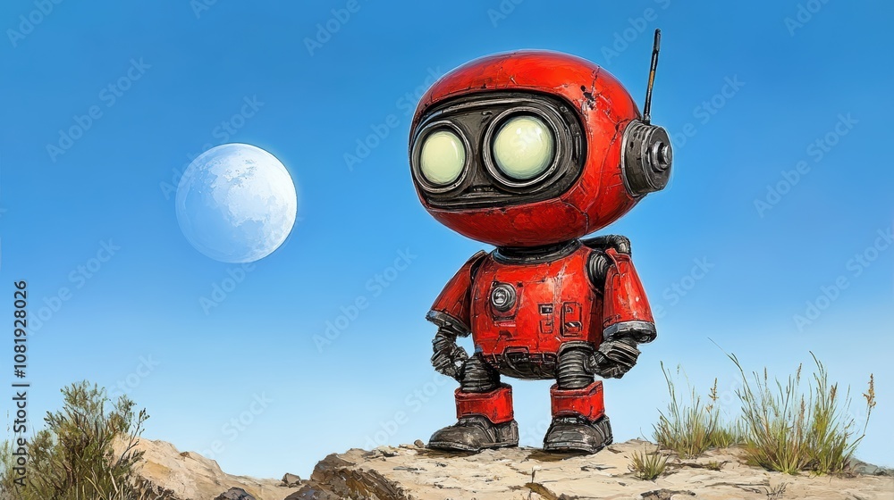 Cute Red Robot on Cliff Moon in Sky Futuristic Illustration Cute Red Robot on Cliff Moon in Sky Futuristic Illustration