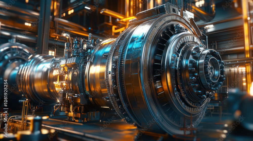 detailed view of gas turbine showcasing intricate metallic components and advanced engineering. vibrant lighting highlights turbines design, emphasizing its industrial significance and technological detailed view of gas turbine showcasing intricate metallic components and advanced engineering. vibrant lighting highlights turbines design, emphasizing its industrial significance and technological