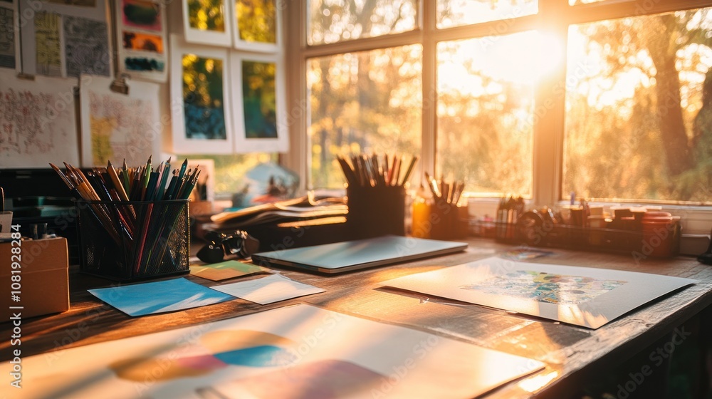 A wooden desk with art supplies, a laptop, and a window with sunlight streaming through. A wooden desk with art supplies, a laptop, and a window with sunlight streaming through.