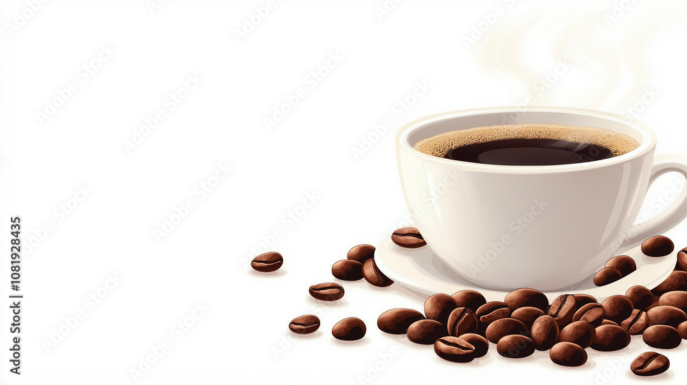 Obraz premium Minimalist Coffee Cup with Floating Beans, Inviting Cafe Vibe