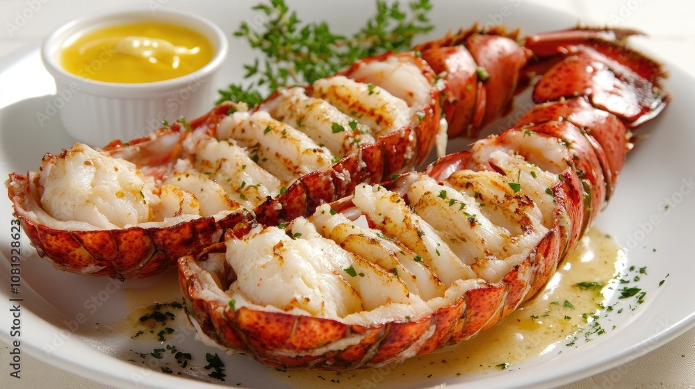 Freshly Cooked Lobster Tails on a White Plate with Lemon Butter Sauce and Garnish of Fresh Herbs in an Elegant Dining Setup Freshly Cooked Lobster Tails on a White Plate with Lemon Butter Sauce and Garnish of Fresh Herbs in an Elegant Dining Setup