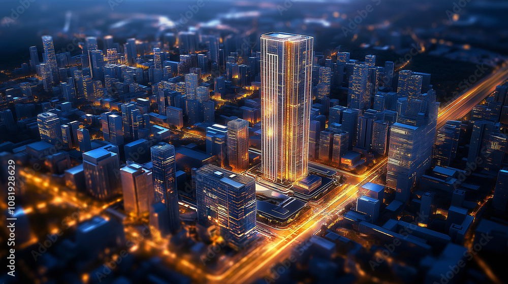 Fototapeta premium Aerial View of Modern City at Night with Central Skyscraper Highlighted