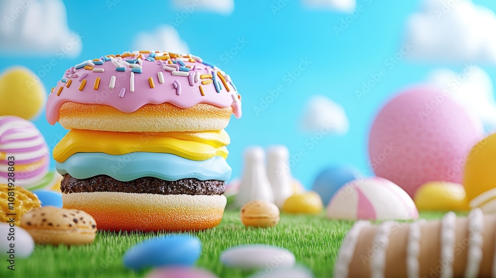 Colorful Donut Burger on Grass Sweet Treats Candy Background Easter Colorful Donut Burger on Grass Sweet Treats Candy Background Easter