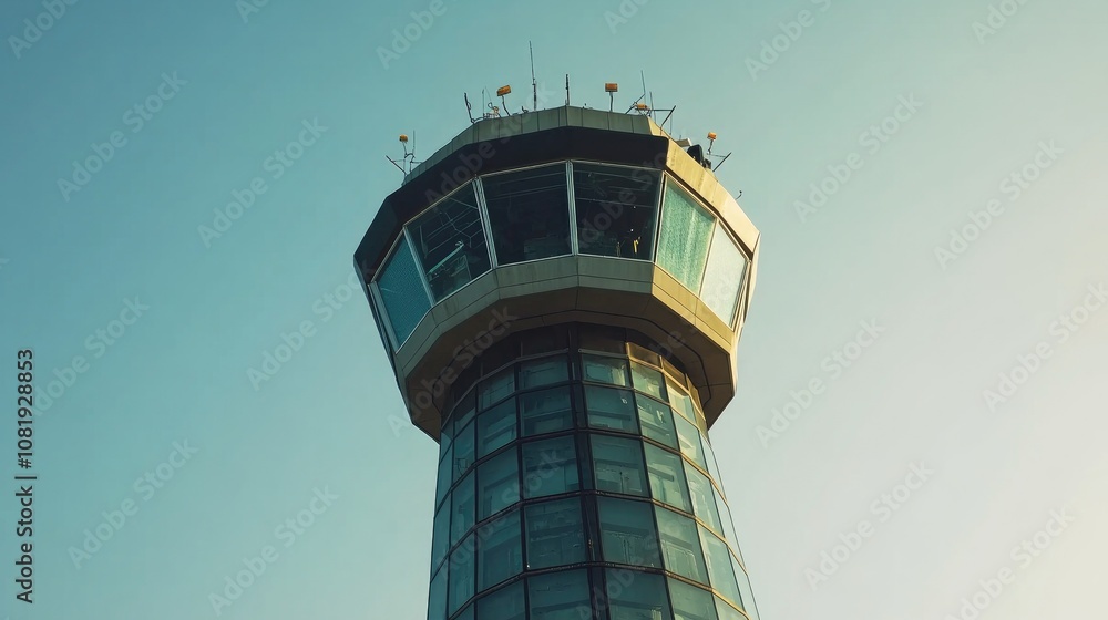 Modern Air Traffic Control Tower Against Clear Blue Sky with Sleek Design Featuring Glass Windows and Communication Antennas for Optimal Operations and Safety Modern Air Traffic Control Tower Against Clear Blue Sky with Sleek Design Featuring Glass Windows and Communication Antennas for Optimal Operations and Safety