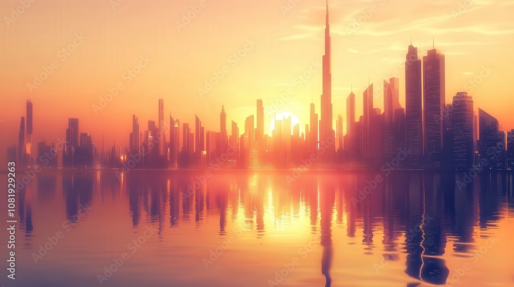 Fototapeta premium Dubai Skyline Reflected in Water at Sunset