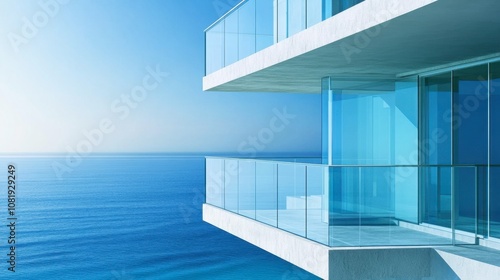 Modern Architectural Balcony with Glass Railings Overlooking Serene Ocean Waters and Clear Sky at a Luxury Seaside Property