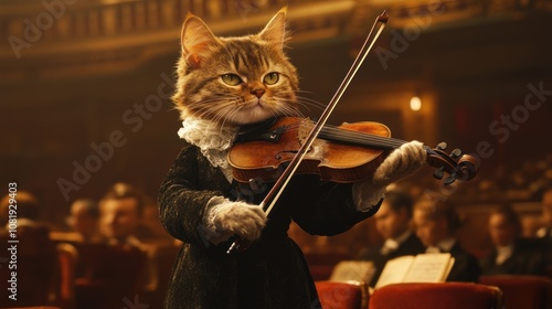 Cute cat playing violin in a concert hall
