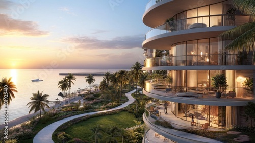 Modern coastal living in luxury high-rise apartments with stunning sunset views, tranquil gardens, and serene beachfront access, perfect for upscale lifestyle imagery