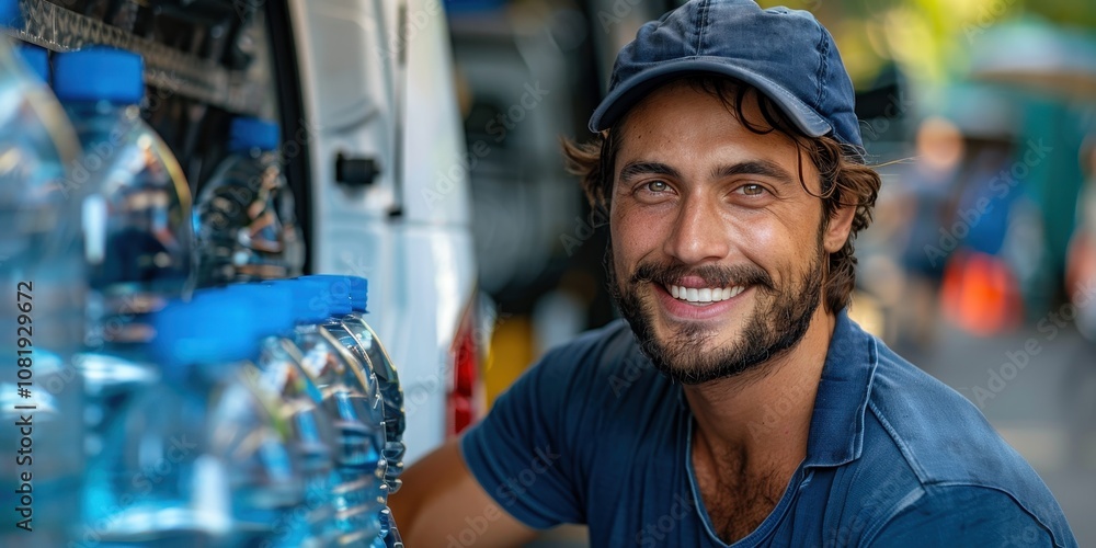 Positive young man Bottled water delivery man in blue t-shirt Positive young man Bottled water delivery man in blue t-shirt