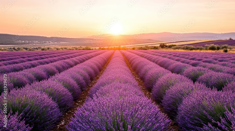 Lavender Field at Sunset with Sunburst and Distant Hills Lavender Field at Sunset with Sunburst and Distant Hills