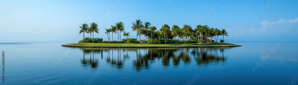 Tranquil remote island waterfront adorned with palm trees swaying gently in the breeze. Tranquil remote island waterfront adorned with palm trees swaying gently in the breeze.