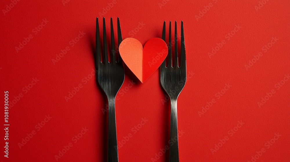Two forks positioned to form a heart shape with a red paper heart between them on a bold red background Two forks positioned to form a heart shape with a red paper heart between them on a bold red background