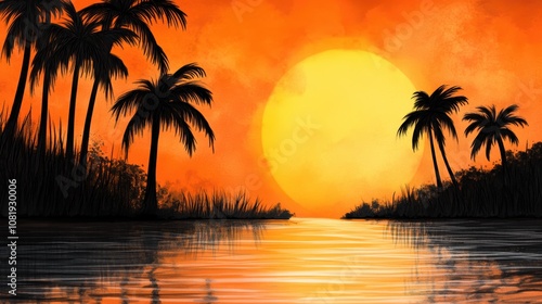 Tropical Sunset Landscape Palm Trees Orange Sky Calm Water