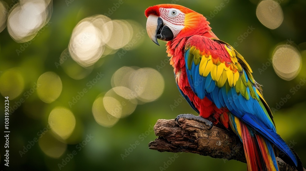 A Scarlet Macaw Perched on a Branch with a Blurred Green Background A Scarlet Macaw Perched on a Branch with a Blurred Green Background
