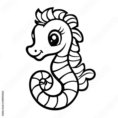 Cute Hand-Drawn Seahorse Illustration Perfect for Children's Projects, Coloring Books, and Educational Materials Featuring Whimsical Design and Playful Expressions photo