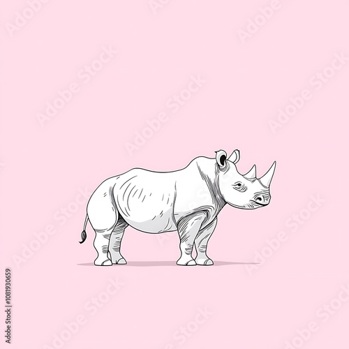 Hand-drawn illustration of a cute rhinoceros standing against a soft pink background, perfect for children's books, educational materials, and wildlife conservation themes. photo