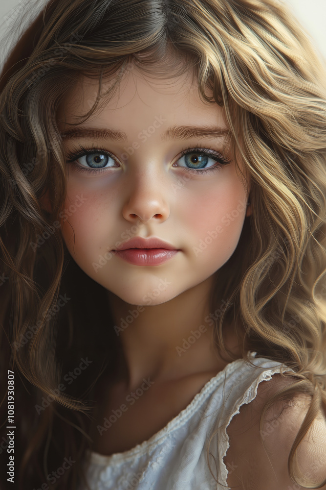 A little girl with long curly hair and blue eyes A little girl with long curly hair and blue eyes