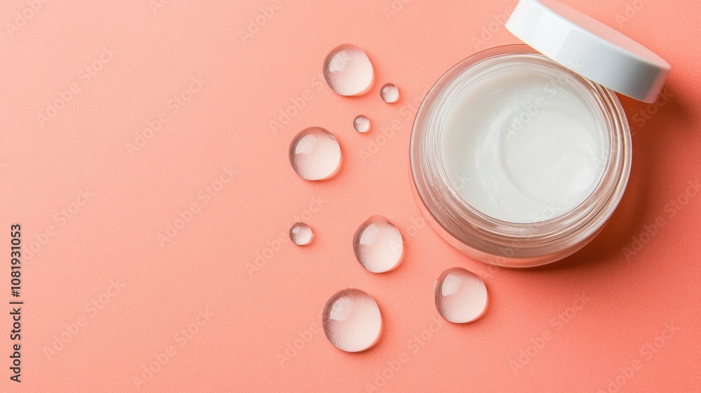 Refreshing dewy moisturizer jar close-up skincare product coral background aesthetic hydration concept Refreshing dewy moisturizer jar close-up skincare product coral background aesthetic hydration concept