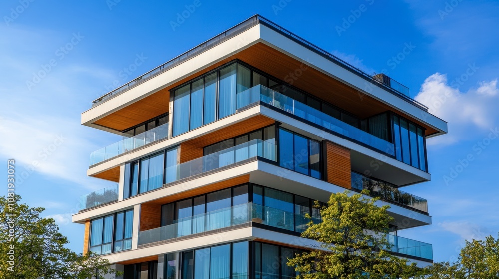 Modern architectural design of a luxury apartment building with large glass windows and wooden accents against a clear blue sky, showcasing contemporary urban living Modern architectural design of a luxury apartment building with large glass windows and wooden accents against a clear blue sky, showcasing contemporary urban living