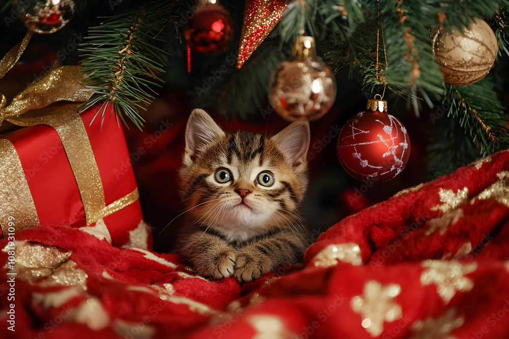 Tabby kitten with chrstmas decoration Tabby kitten with chrstmas decoration