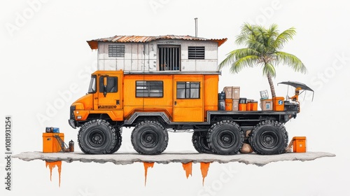 Island Life Orange 6x6 Truck House Palm Tree Tropical Illustration photo