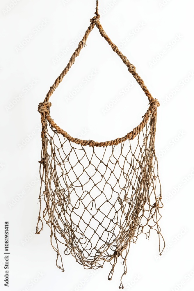 Obraz premium A brown fishing net hangs from a white ceiling.