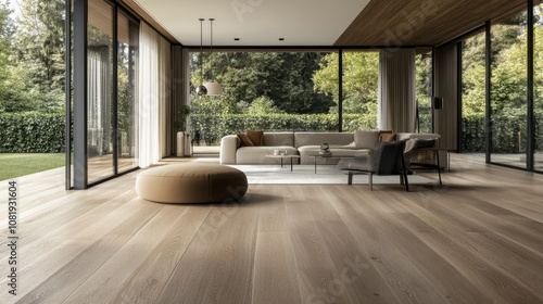 Modern Open-Concept Living Room with Large Windows Overlooking Lush Greenery, Minimalist Furniture, Natural Light, and Warm Wood Accents