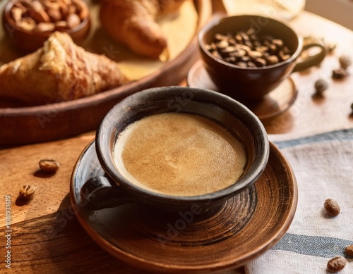 Rustic Coffee Bar Featuring a Freshly Brewed Espresso, Artisan Gluten-Free Pastries, and a Variety of Organic Condiments for a Cozy and Relaxing Morning Break