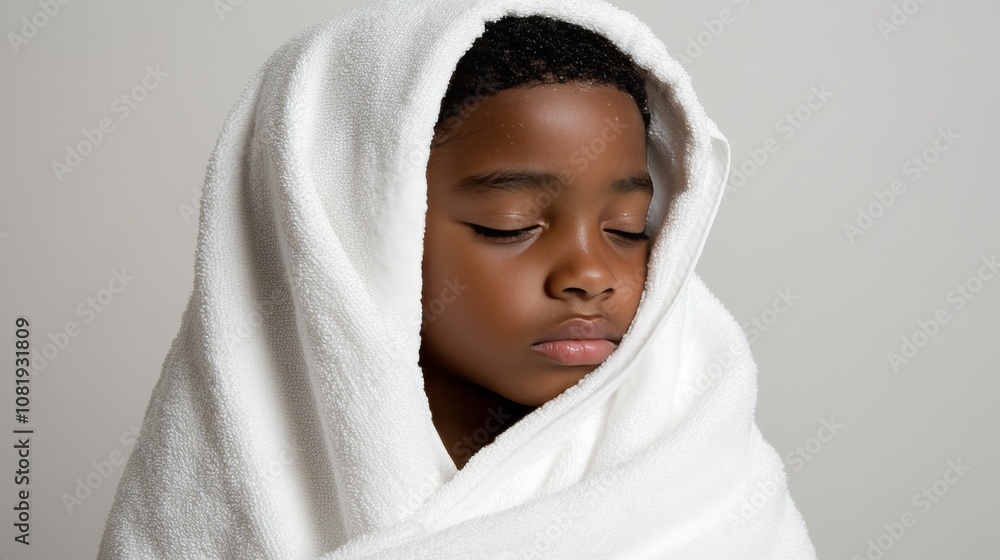 Serene Child Wrapped in Fluffy White Towel After Bath Time, Beauty and Skincare Treatment Concept Serene Child Wrapped in Fluffy White Towel After Bath Time, Beauty and Skincare Treatment Concept