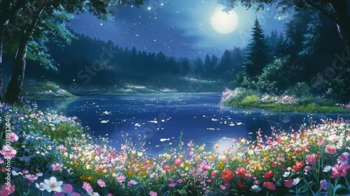 Moonlit Enchantment: A Tranquil Anime Landscape photo