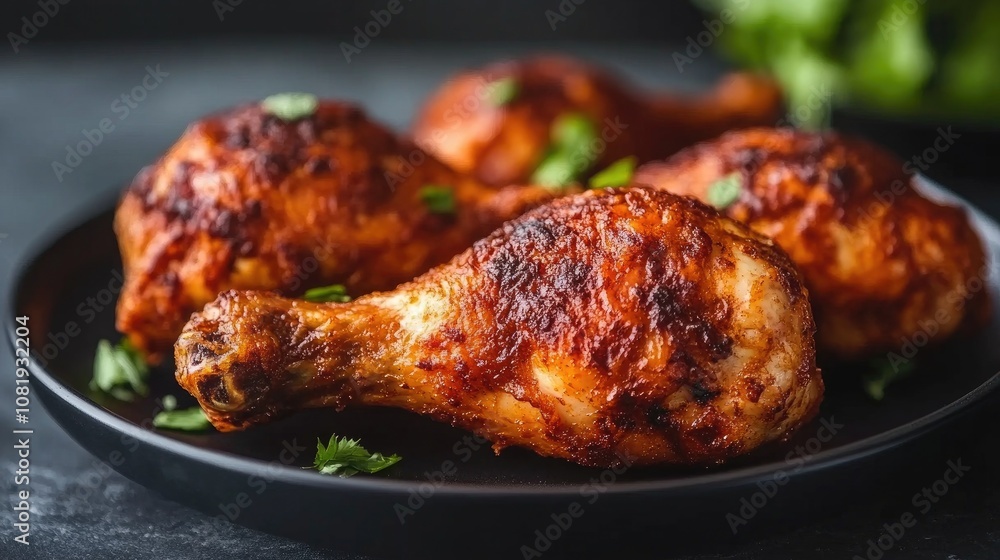 Crispy Grilled Chicken Drumsticks with Herbs and Spices on a Black Plate Ready to Serve for Delicious Meals and Gatherings Crispy Grilled Chicken Drumsticks with Herbs and Spices on a Black Plate Ready to Serve for Delicious Meals and Gatherings