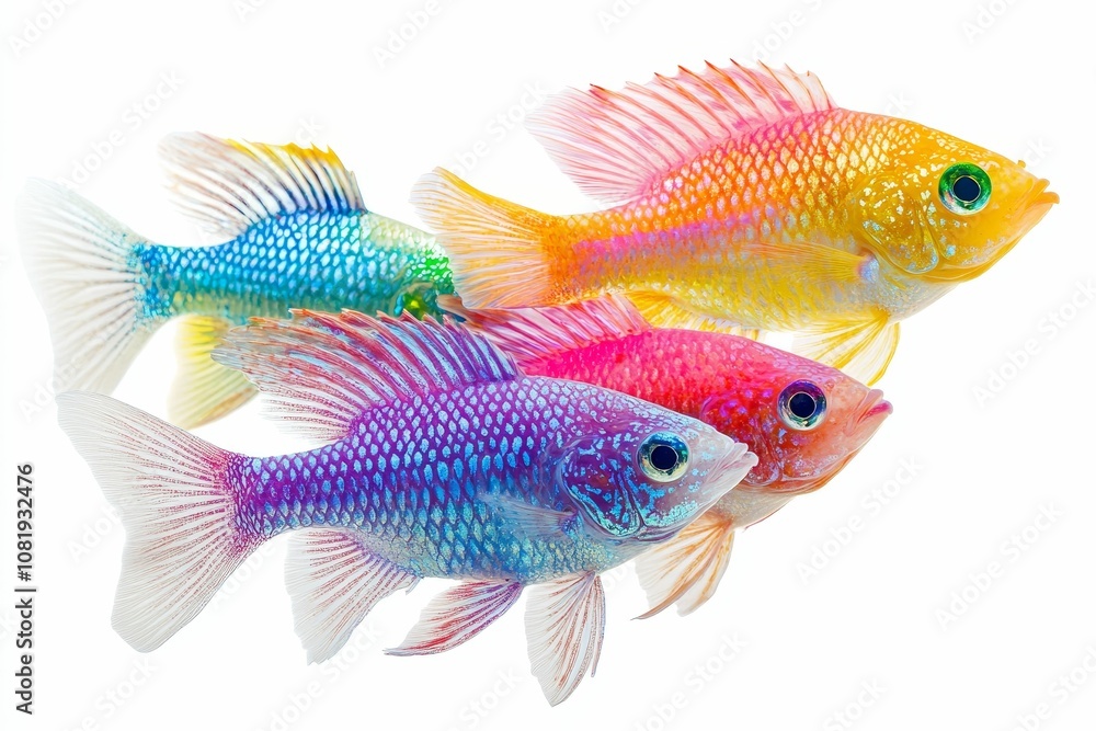 Fototapeta premium Four colorful fish swimming in white background.