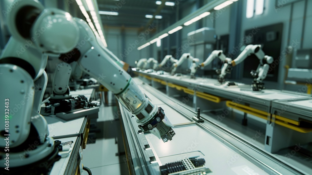 Robotic arms precisely and efficiently assembling products on an automated manufacturing line in a modern high tech industrial factory setting Robotic arms precisely and efficiently assembling products on an automated manufacturing line in a modern high tech industrial factory setting