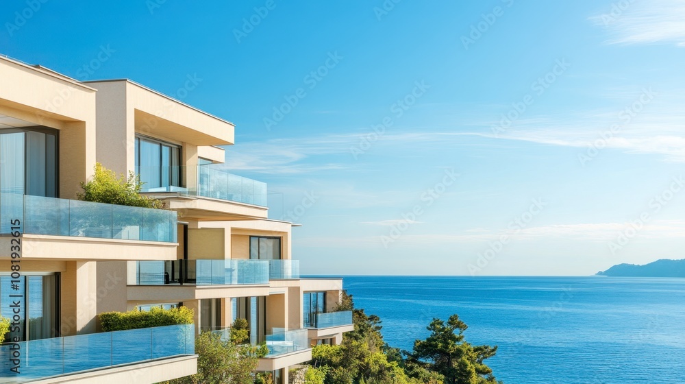 Modern Coastal Apartment Complex with Beautiful Balconies Overlooking the Ocean and Clear Blue Sky in a Serene Beachside Setting Modern Coastal Apartment Complex with Beautiful Balconies Overlooking the Ocean and Clear Blue Sky in a Serene Beachside Setting