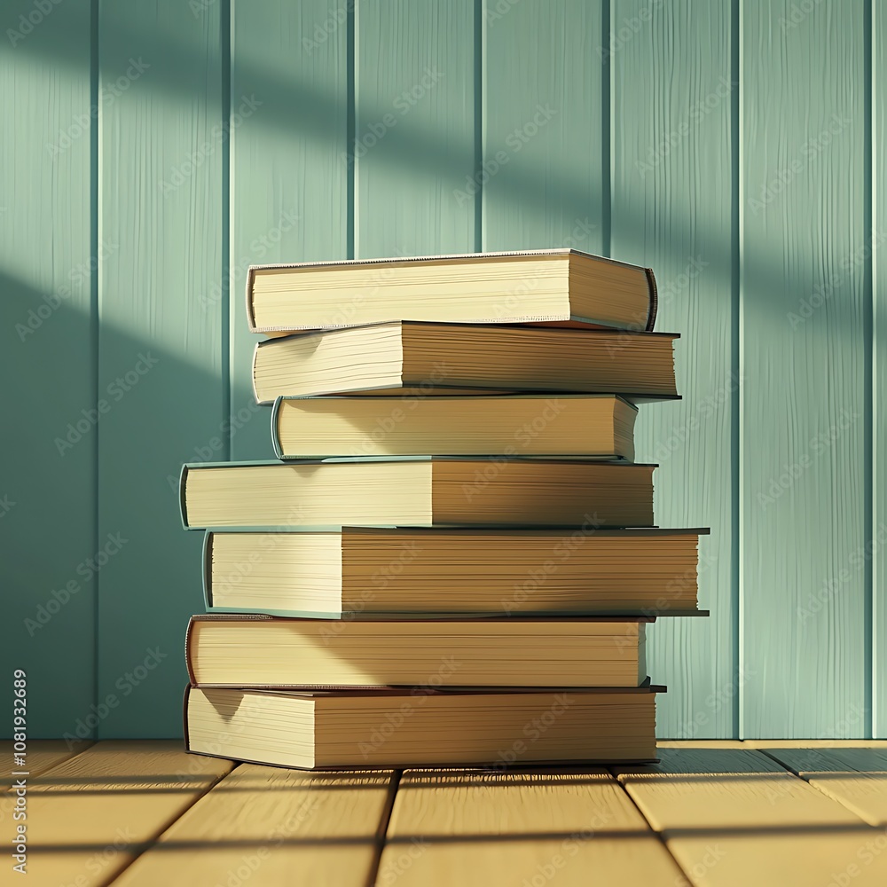 Stacked Books on Wooden Surface with Soft Shadow and Light, Ideal for Education, Reading, Literature, and Relaxation Themes in Calm Interior Setting Stacked Books on Wooden Surface with Soft Shadow and Light, Ideal for Education, Reading, Literature, and Relaxation Themes in Calm Interior Setting