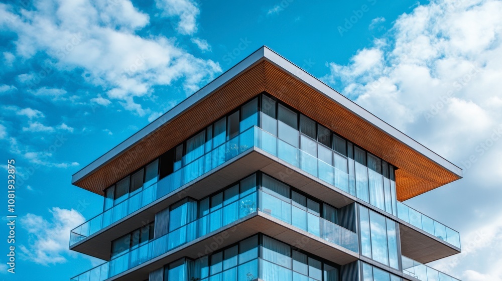 Modern Architectural Design of a Glass Building with a Unique Overhanging Roof Against a Bright Blue Sky and Partly Cloudy Atmosphere Modern Architectural Design of a Glass Building with a Unique Overhanging Roof Against a Bright Blue Sky and Partly Cloudy Atmosphere