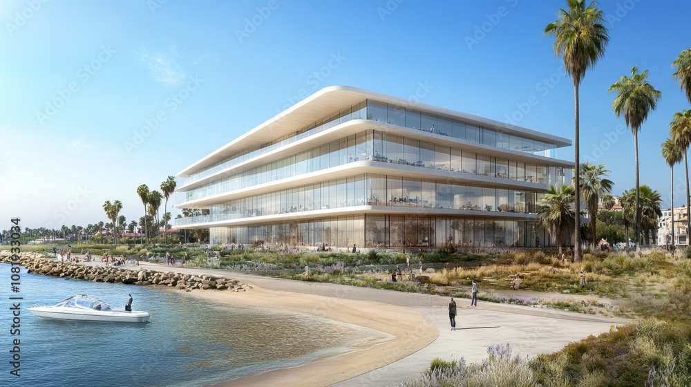 Modern Coastal Architecture Featuring Glass Facade and Lush Landscaping by the Shoreline, with Palm Trees and a Scenic Waterfront View Modern Coastal Architecture Featuring Glass Facade and Lush Landscaping by the Shoreline, with Palm Trees and a Scenic Waterfront View