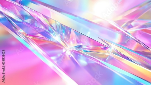 Abstract 3D Iridescent Glass Fragments Background with Pastel Colors and Glowing Lights